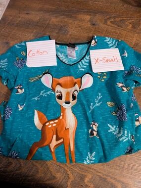 Teal Bambi Graphic Scrub Top